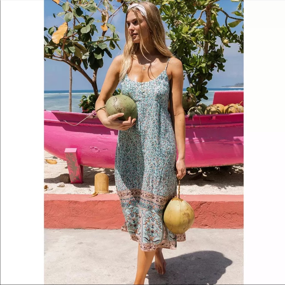 Boho Floral Gypsy Print Cami Midi Dress Blue - Picture 3 of 10